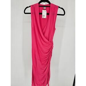 H&M Womens Sz XS Knee Length Dress Bright Pink Faux Wrap Sexy NEW